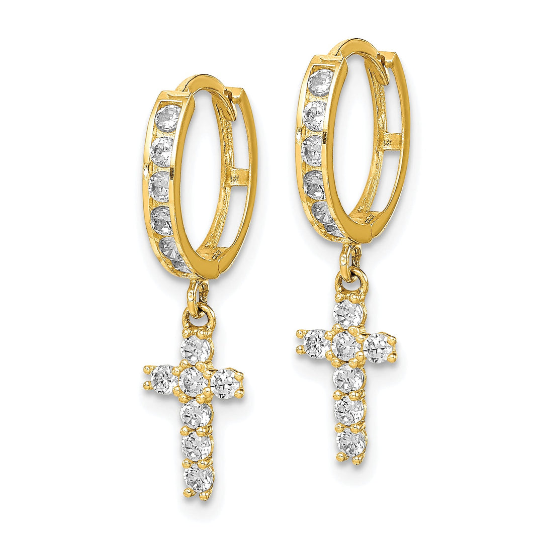 10k Yellow Gold CZ Cross Dangle Hinged Hoop Earrings