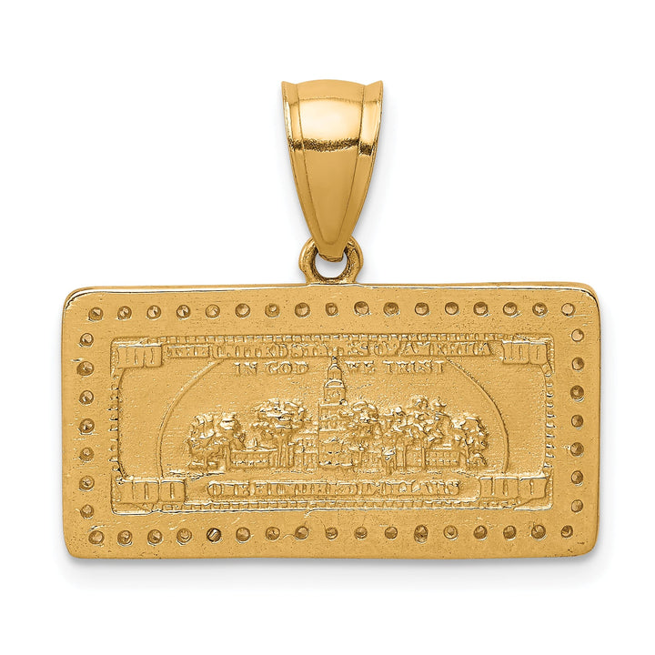 10K Yellow Gold CZ Micropave 100 Dollar Bill Pendant