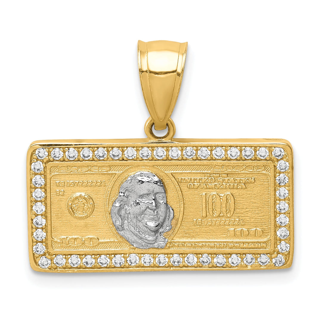 10K Yellow Gold CZ Micropave 100 Dollar Bill Pendant
