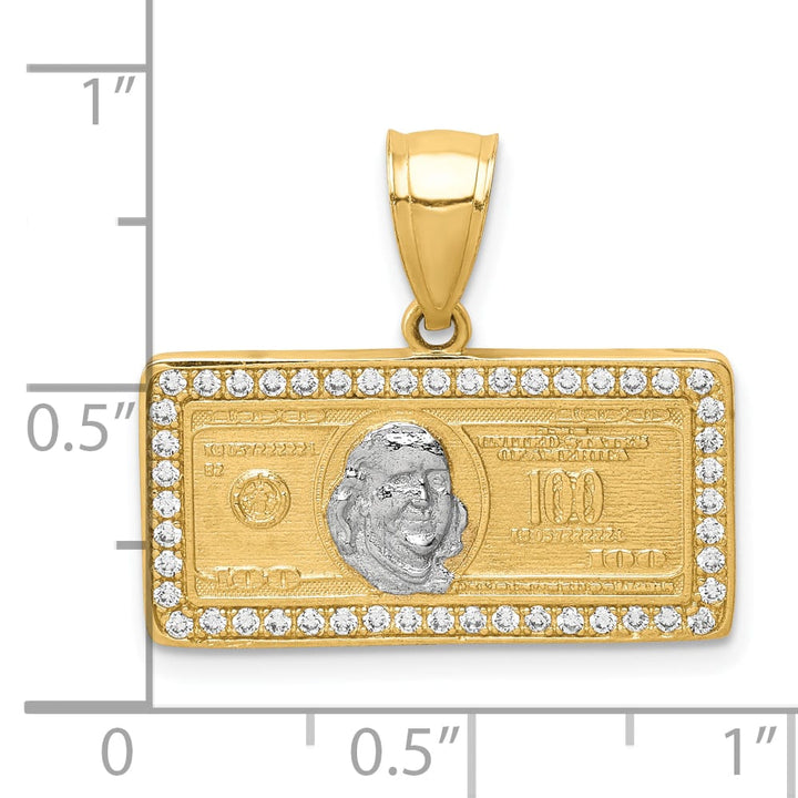 10K Yellow Gold CZ Micropave 100 Dollar Bill Pendant