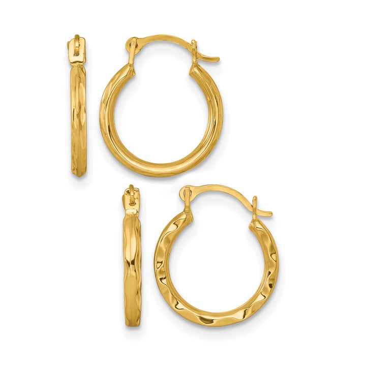 10k Yellow Gold Diamond-cut and Textured Set of Two Pairs Round Hoop Earrings