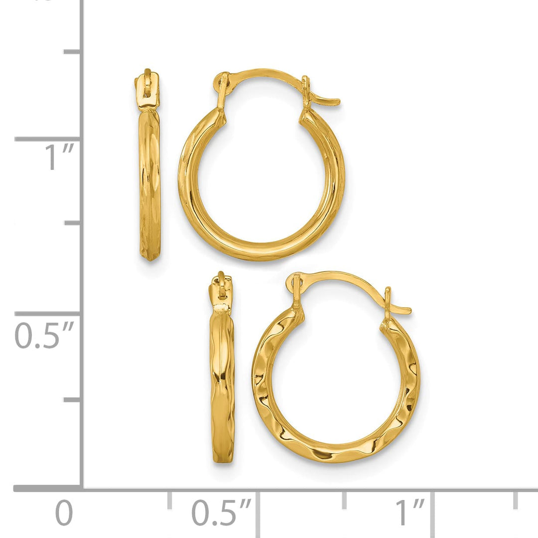10k Yellow Gold Diamond-cut and Textured Set of Two Pairs Round Hoop Earrings