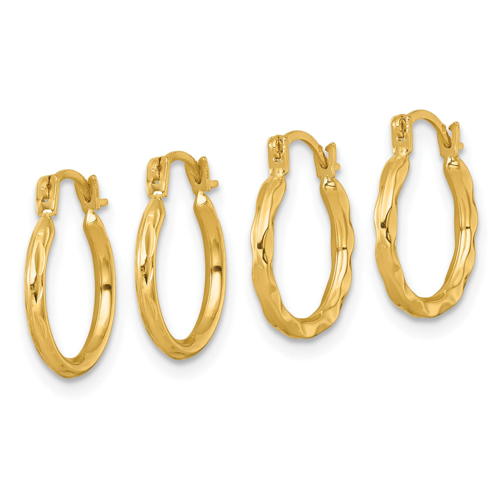 10k Yellow Gold Diamond-cut and Textured Set of Two Pairs Round Hoop Earrings