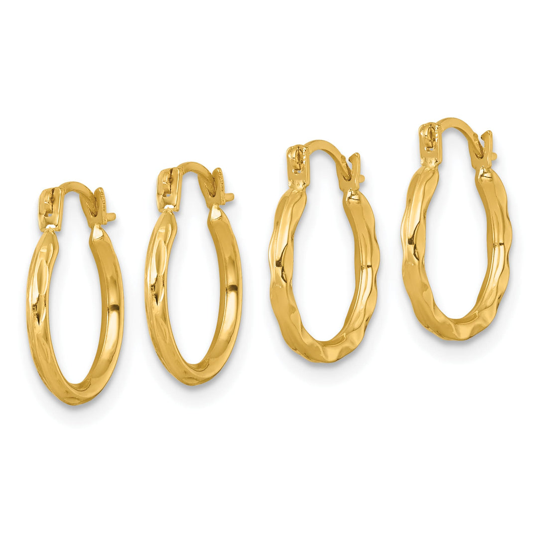 10k Yellow Gold Diamond-cut and Textured Set of Two Pairs Round Hoop Earrings