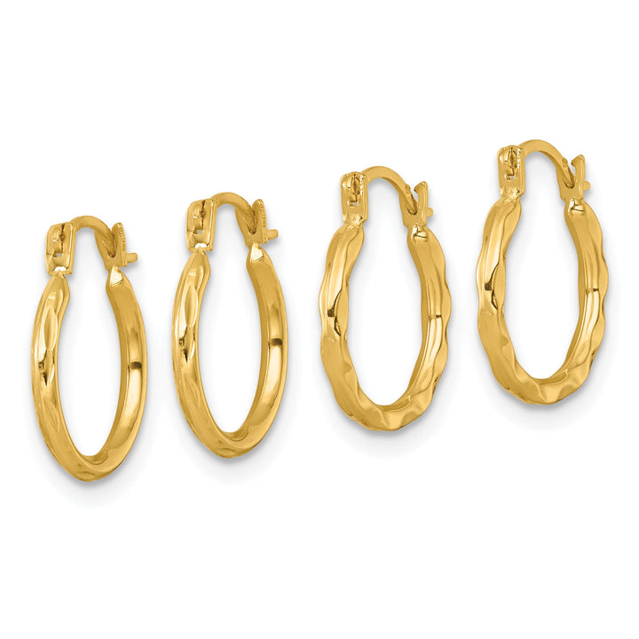 10k Yellow Gold Diamond-cut and Textured Set of Two Pairs Round Hoop Earrings
