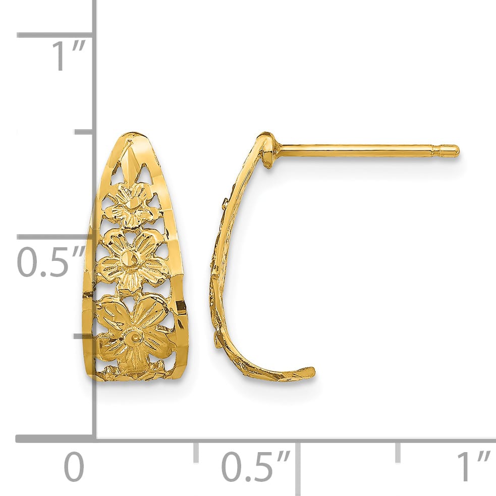 10k Yellow Gold Diamond-cut Flower J-Hoop Post Earrings