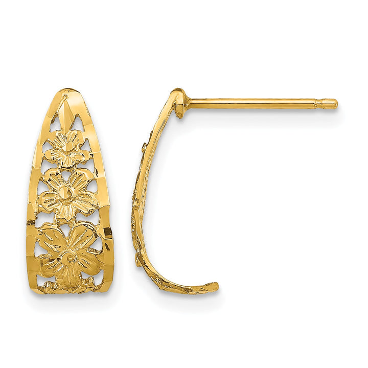 10k Yellow Gold Diamond-cut Flower J-Hoop Post Earrings