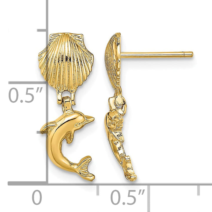 10k Yellow Gold Dolphin Dangle From Mini Scallop Shell Post Earrings