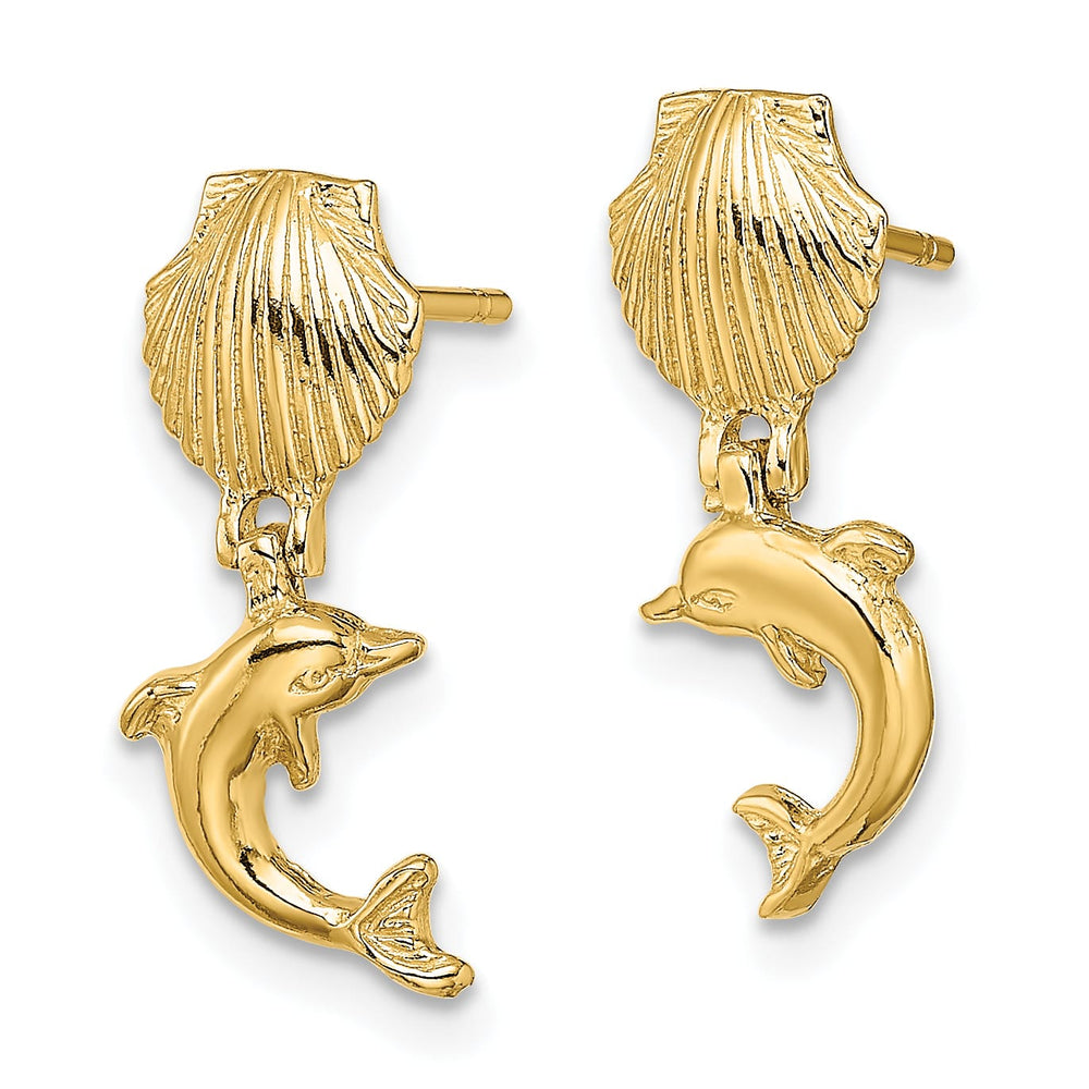 10k Yellow Gold Dolphin Dangle From Mini Scallop Shell Post Earrings