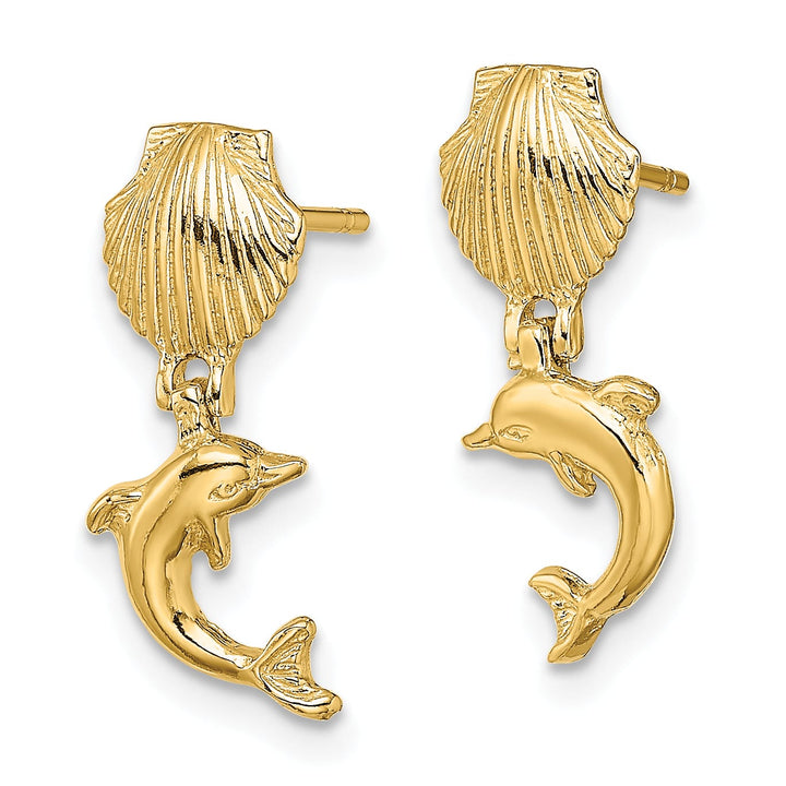 10k Yellow Gold Dolphin Dangle From Mini Scallop Shell Post Earrings