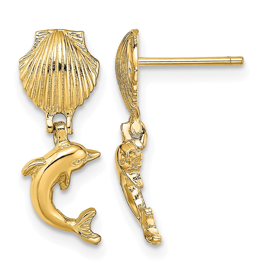 10k Yellow Gold Dolphin Dangle From Mini Scallop Shell Post Earrings