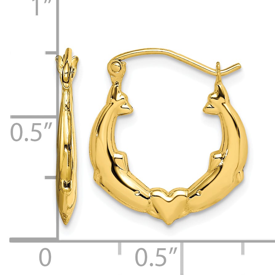 10k Yellow Gold Dolphin Heart Hollow Hoop Earrings