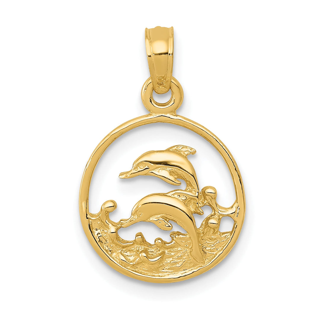 10K Yellow Gold Double Dolphins in Circle Pendant