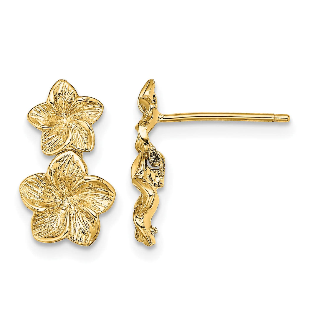 10k Yellow Gold Double Plumeria Flower Post Dangle Earrings