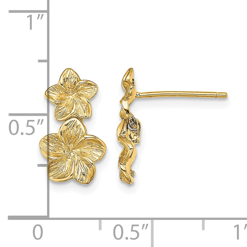 10k Yellow Gold Double Plumeria Flower Post Dangle Earrings