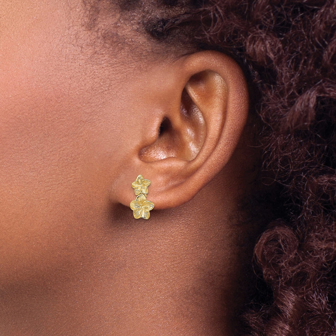 10k Yellow Gold Double Plumeria Flower Post Dangle Earrings
