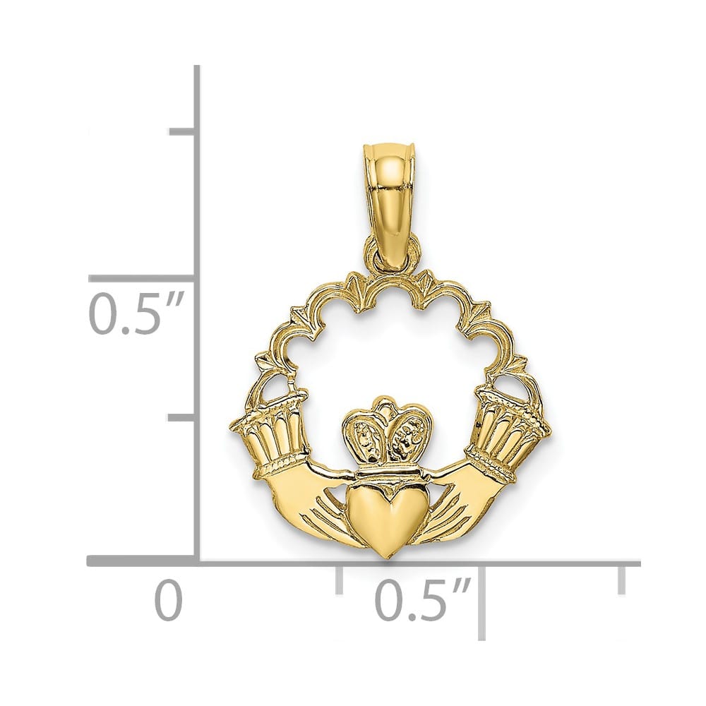 10K Yellow Gold Engraved Medium Claddagh in Scalloped Circle Charm
