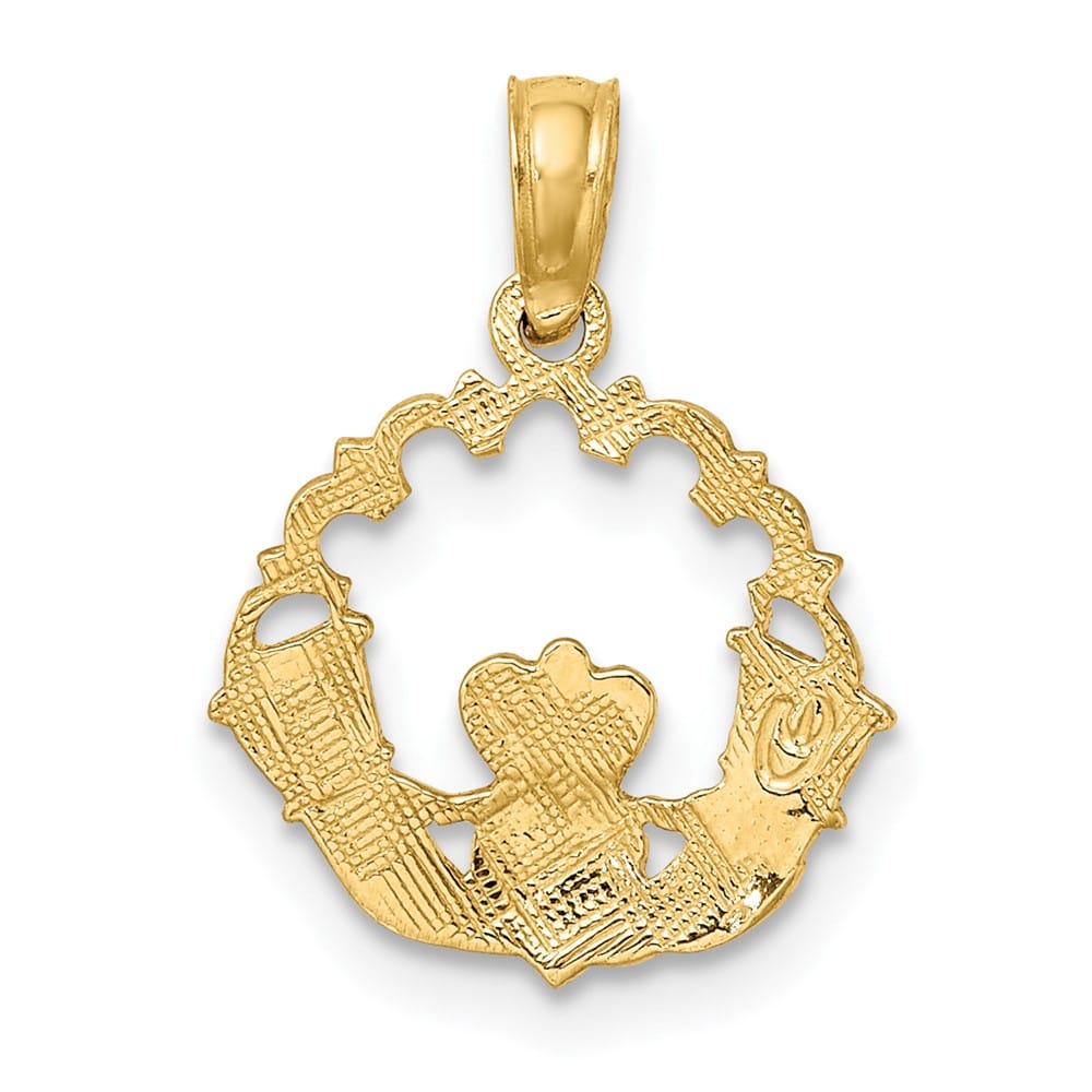 10K Yellow Gold Engraved Medium Claddagh in Scalloped Circle Charm