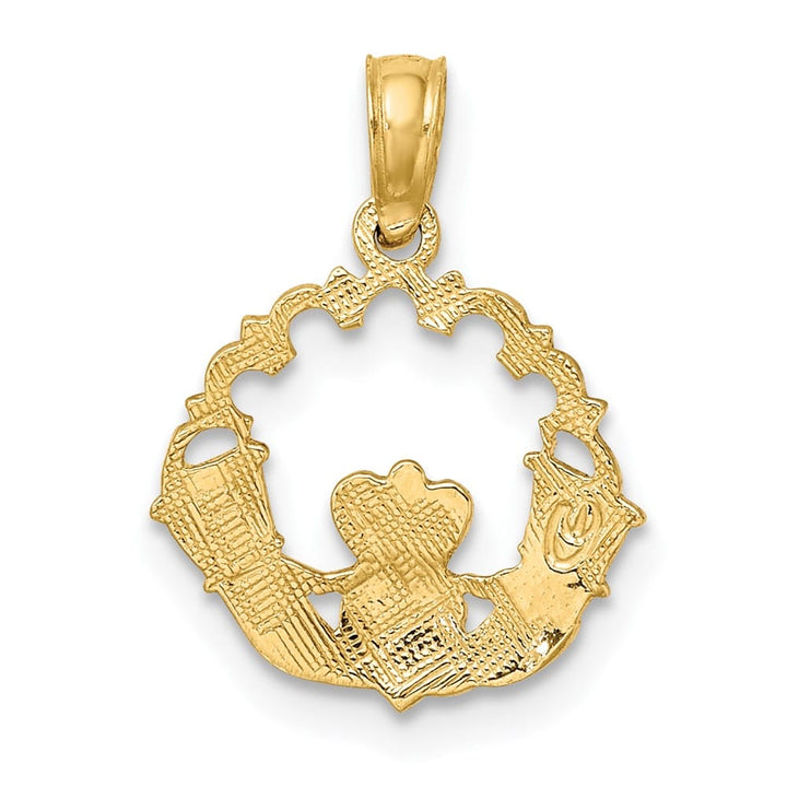 10K Yellow Gold Engraved Medium Claddagh in Scalloped Circle Charm