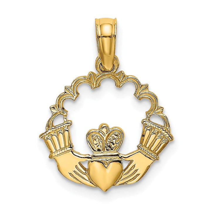 10K Yellow Gold Engraved Medium Claddagh in Scalloped Circle Charm