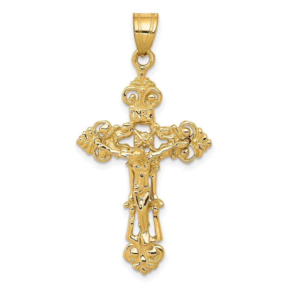 10K Yellow Gold Extra Large INRI Fleur de Lis Crucifix Pendant