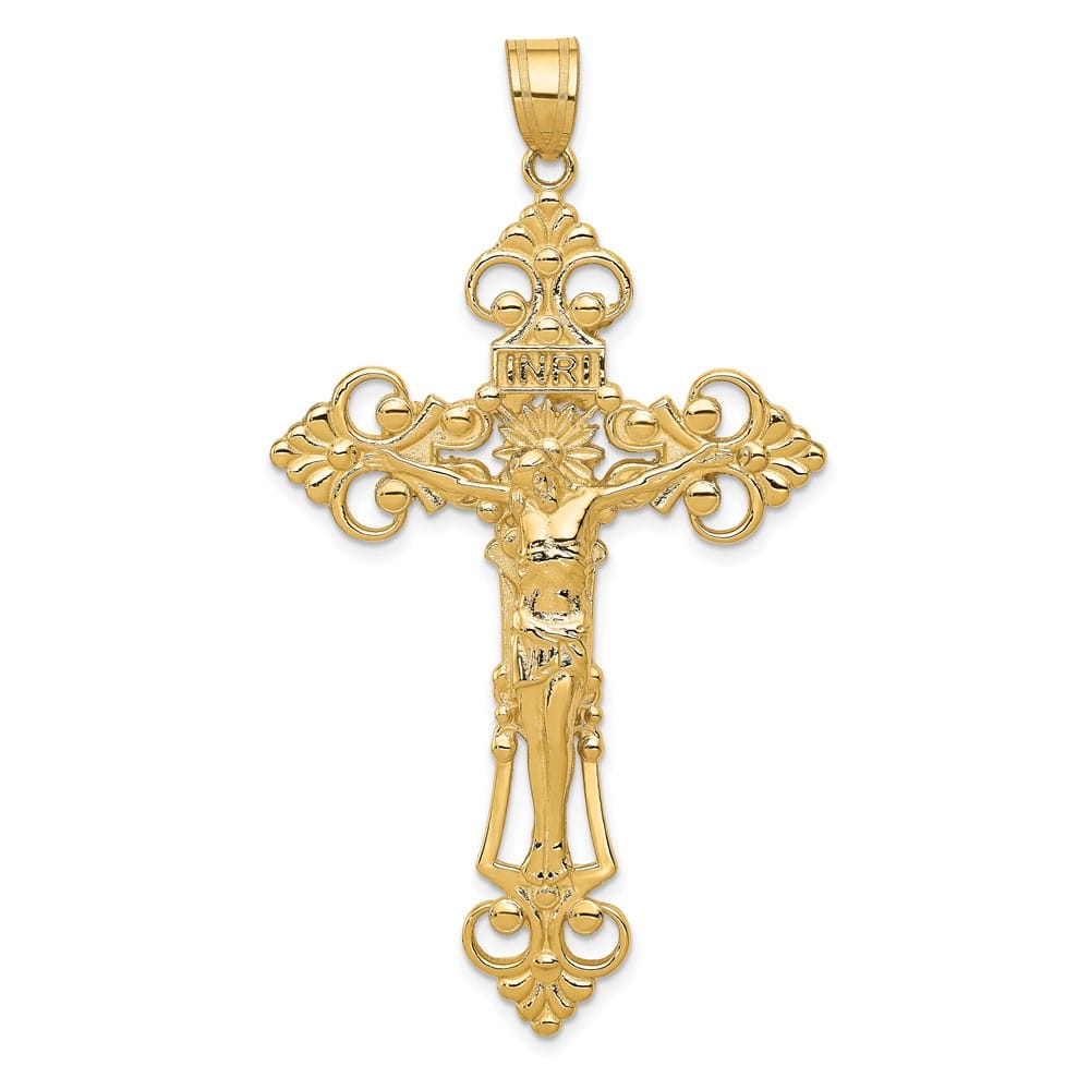 10K Yellow Gold Extra Large INRI Fleur de Lis Crucifix Pendant