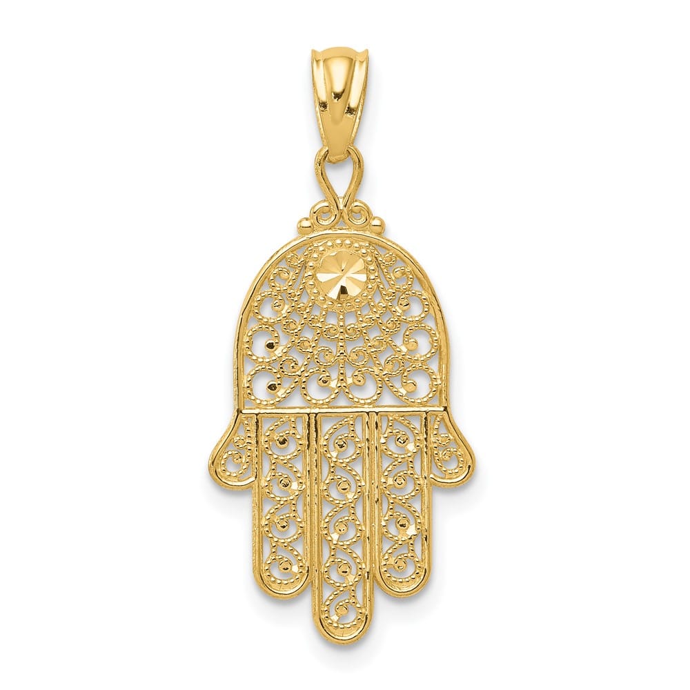 10K Yellow Gold Filigree Hamsa / Hand of God Pendant