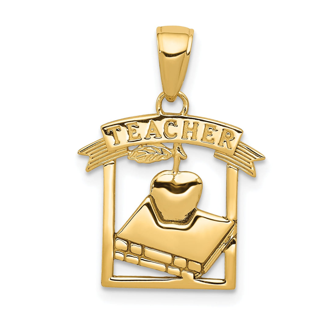 10K Yellow Gold Flat-Backed Teacher Frame with Book and Apple Pendant