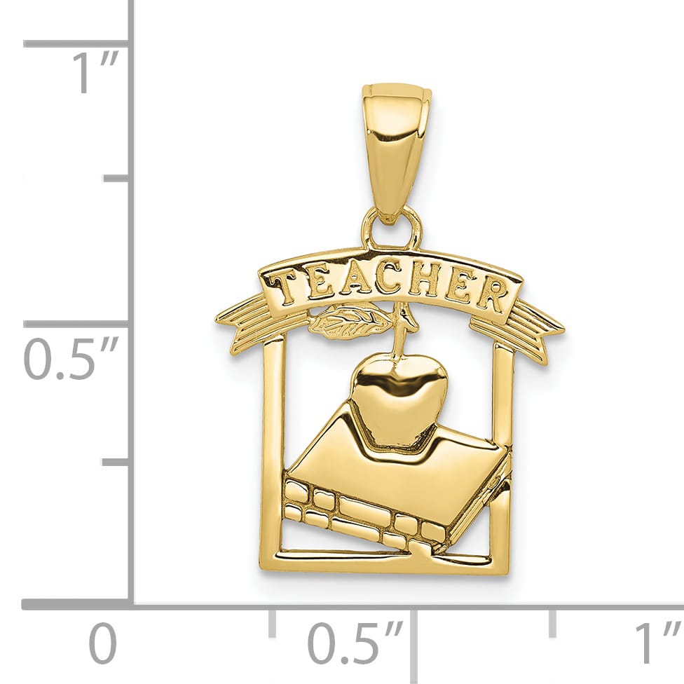 10K Yellow Gold Flat-Backed Teacher Frame with Book and Apple Pendant