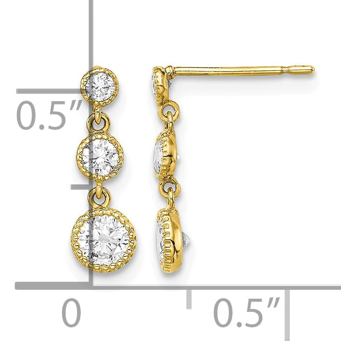 10k Yellow Gold Graduated CZ 3-Stone Dangle Post Earrings