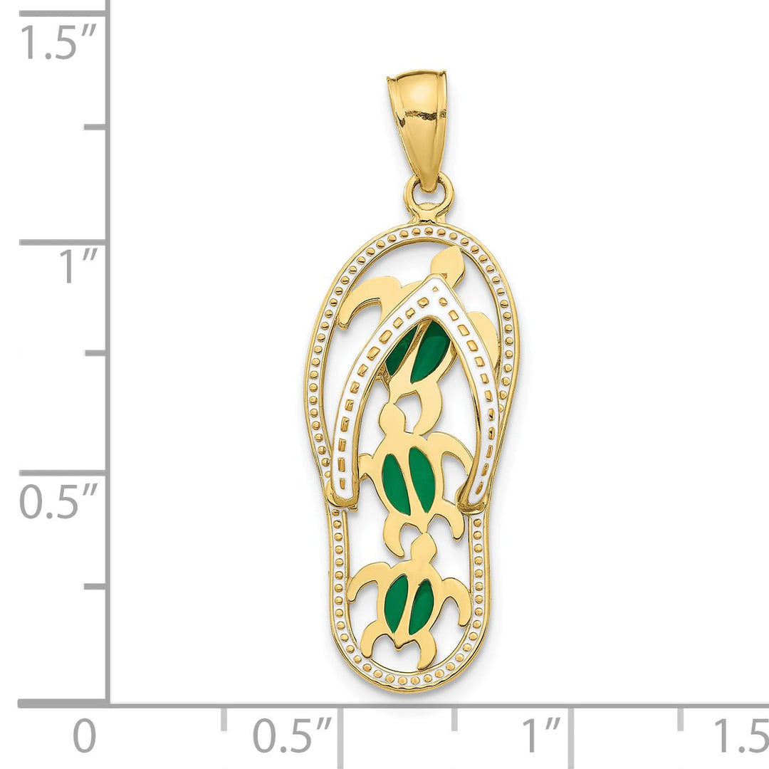 10K Yellow Gold Green Enamel Cut-out Flip-Flop with Sea Pendant