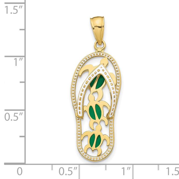 10K Yellow Gold Green Enamel Cut-out Flip-Flop with Sea Pendant