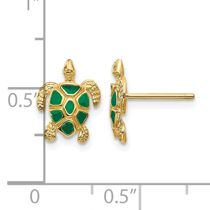 10k Yellow Gold Green Enameled Sea Turtle Post Earrings