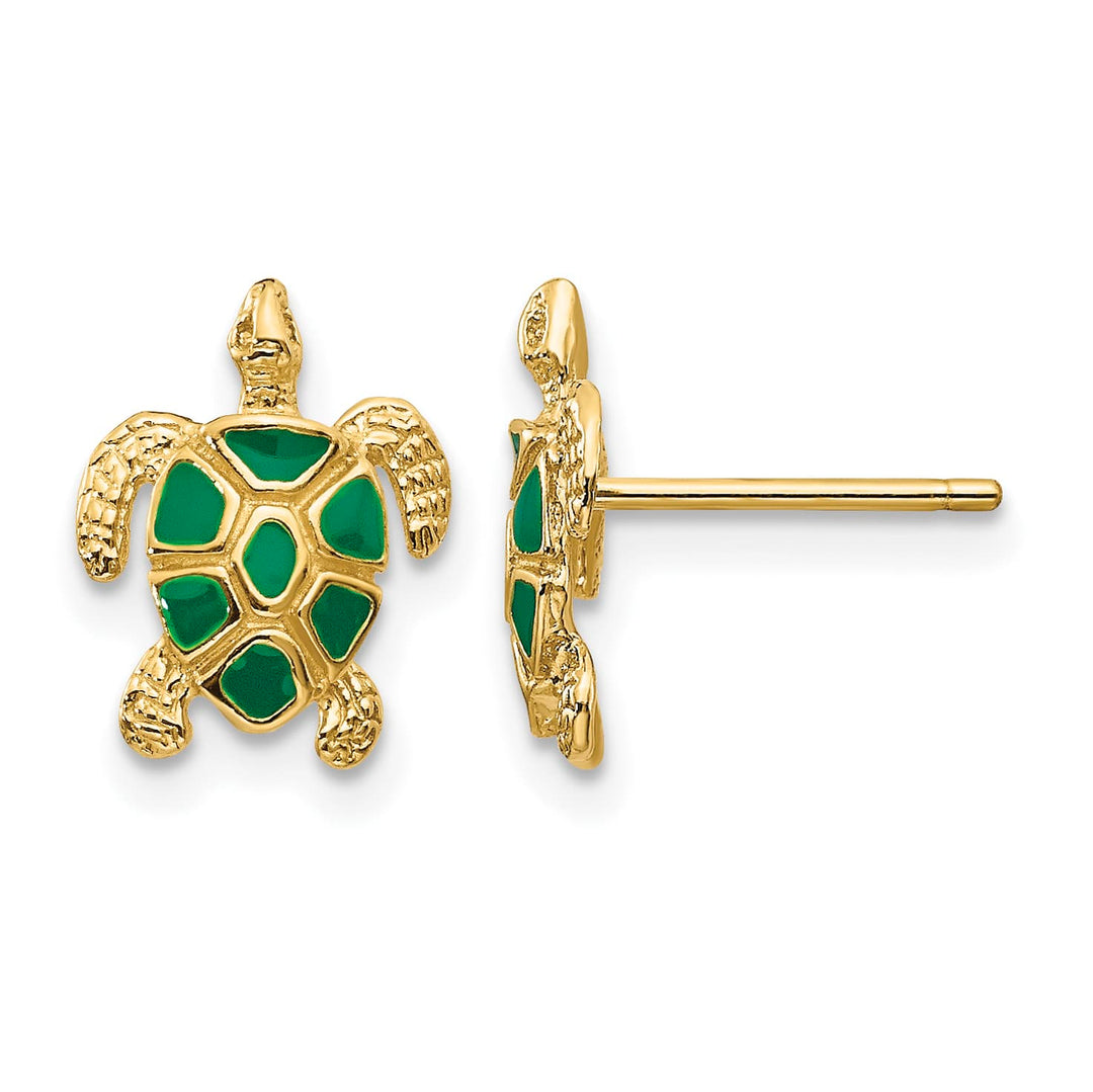 10k Yellow Gold Green Enameled Sea Turtle Post Earrings