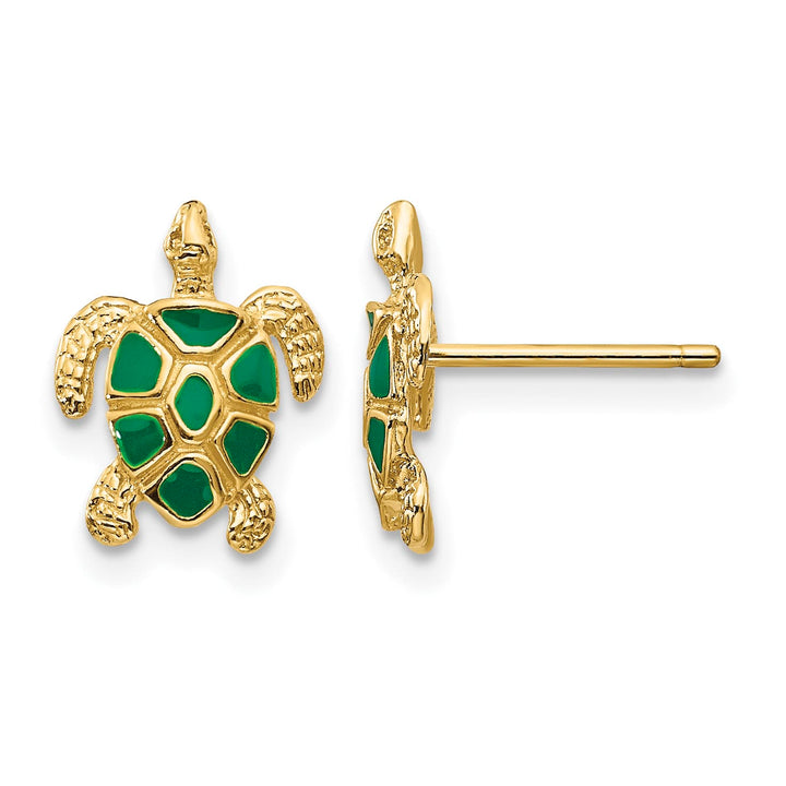 10k Yellow Gold Green Enameled Sea Turtle Post Earrings
