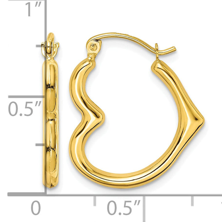 10k Yellow Gold Hollow Side Heart Shape Hollow Hoop Earrings