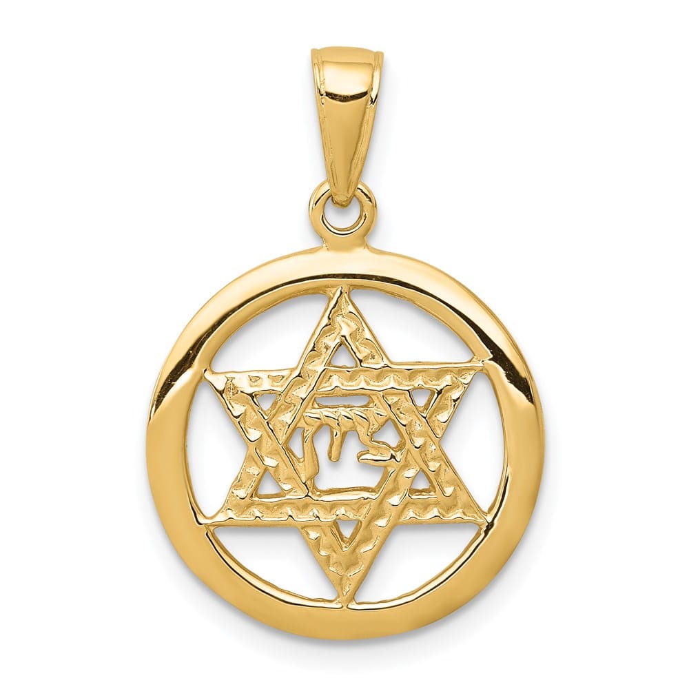 10K Yellow Gold Jewish Chai in Star of David in Circle Pendant