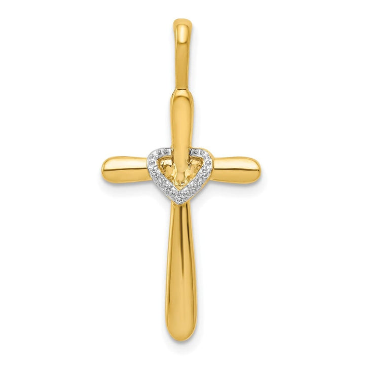 10K Yellow Gold Large 1/10 ct Diamond Cross with Heart Center Pendant