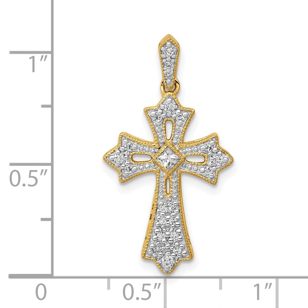10K Yellow Gold Large 1/6 ct Diamond Fleur de Lis Cross Pendant