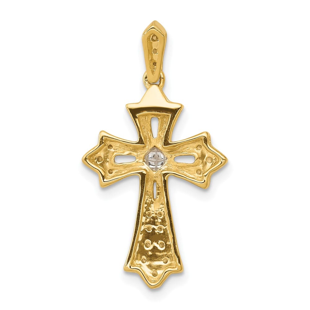 10K Yellow Gold Large 1/6 ct Diamond Fleur de Lis Cross Pendant
