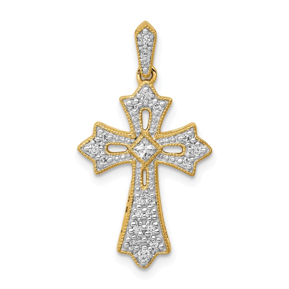 10K Yellow Gold Large 1/6 ct Diamond Fleur de Lis Cross Pendant