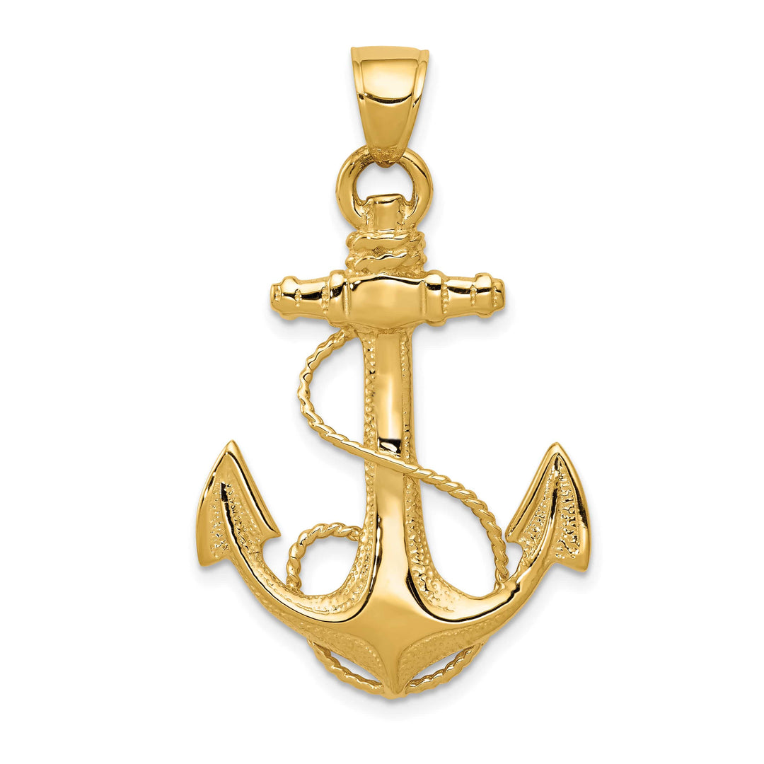 10K Yellow Gold Large 2-D Anchor with Rope Pendant
