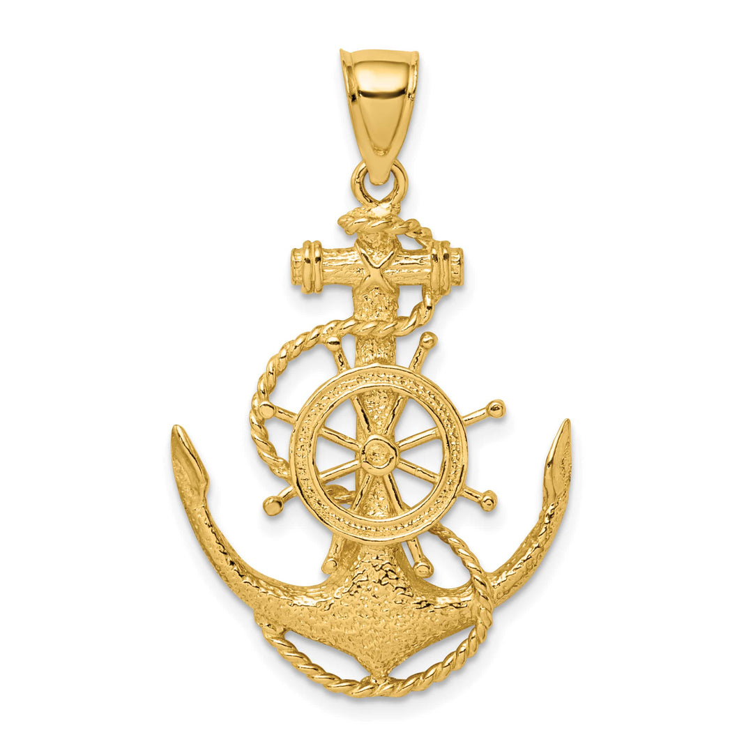 10K Yellow Gold Large 2-D Anchor with Ships Wheel and Rope Charm
