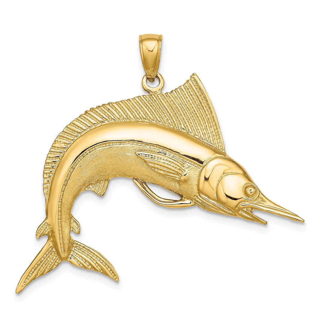 10K Yellow Gold Large 2-D Polished and Satin Striped Marlin Charm