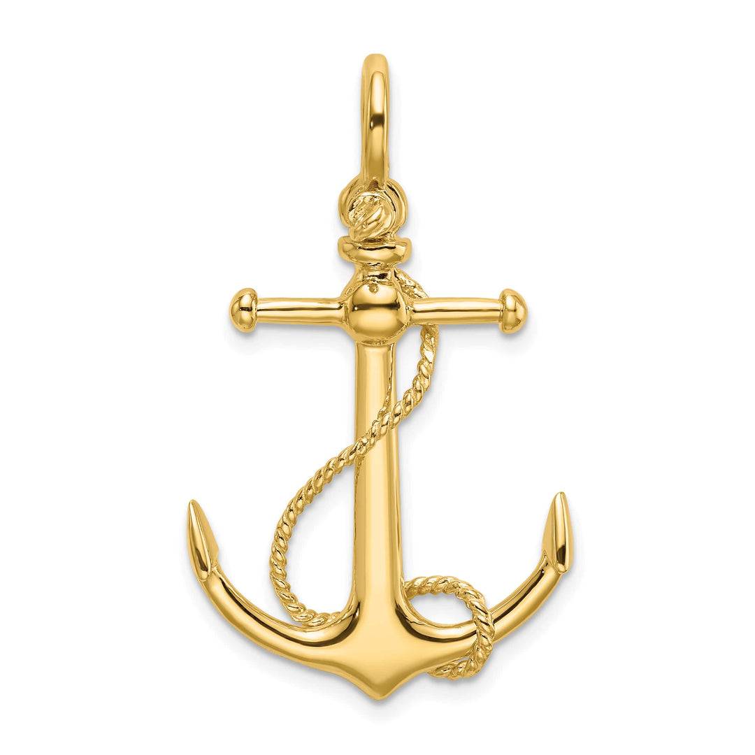 10K Yellow Gold Large 3-D Anchor with Long T-Bar and Rope Pendant