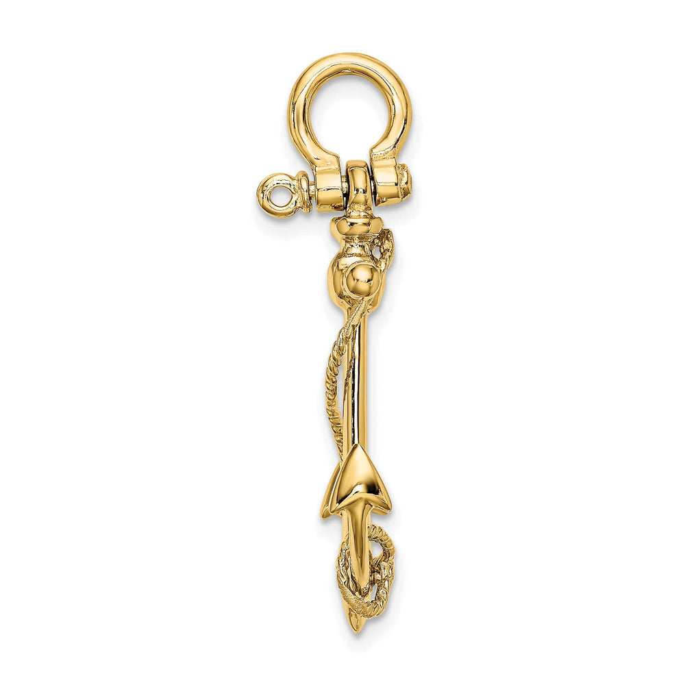 10K Yellow Gold Large 3-D Anchor with Long T-Bar and Rope Pendant