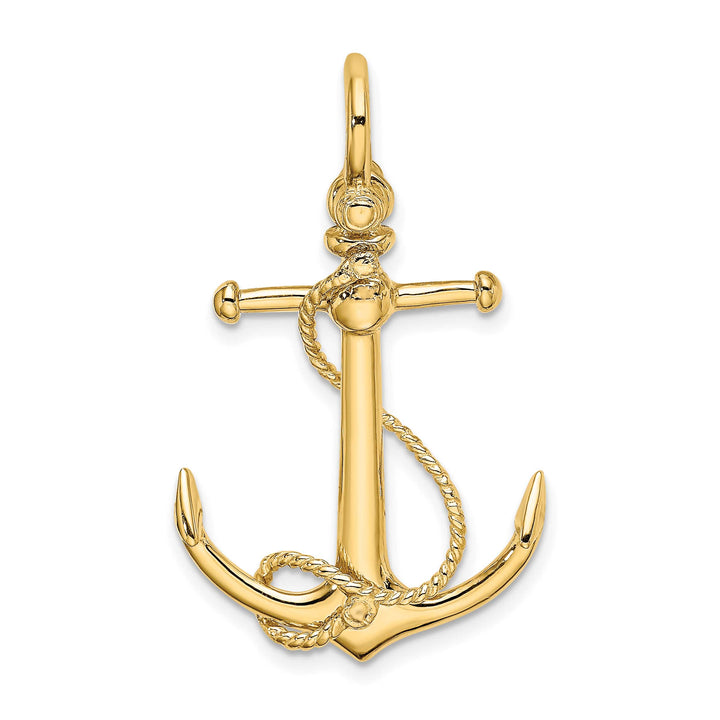 10K Yellow Gold Large 3-D Anchor with Long T-Bar and Rope Pendant