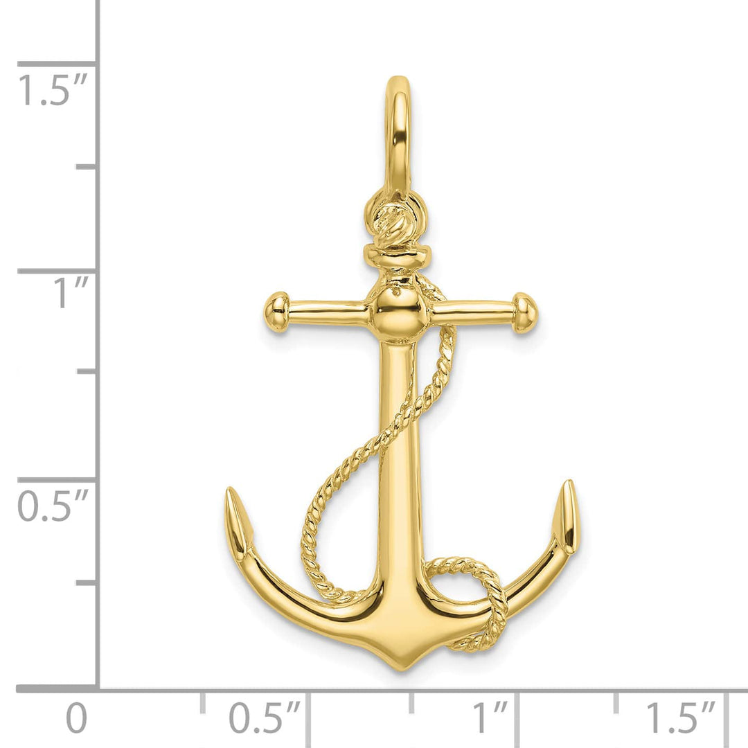 10K Yellow Gold Large 3-D Anchor with Long T-Bar and Rope Pendant