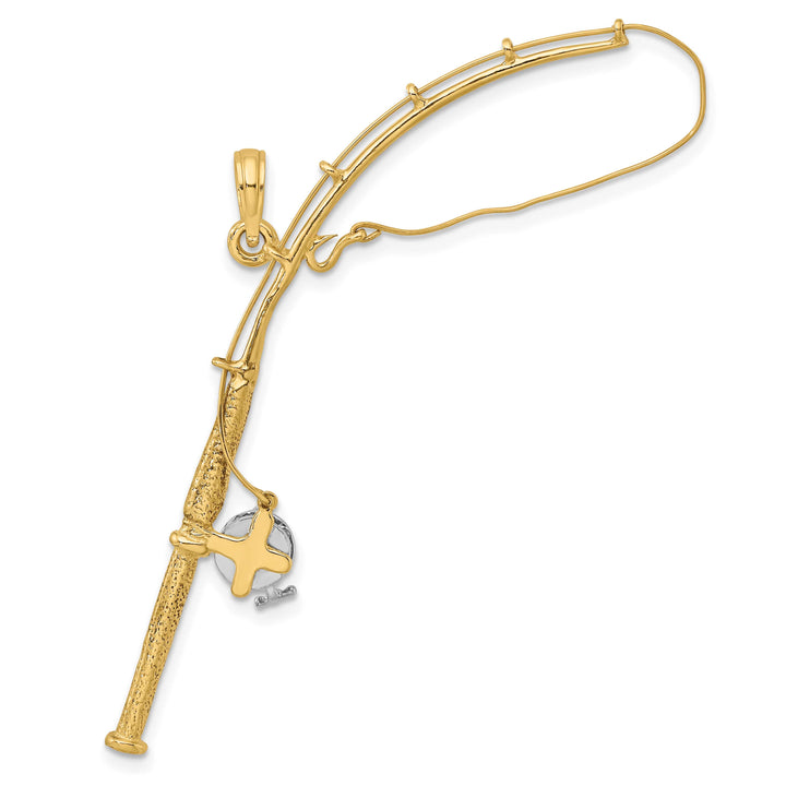 10K Yellow Gold Large 3-D Moveable Fishing Pole with Reel Pendant
