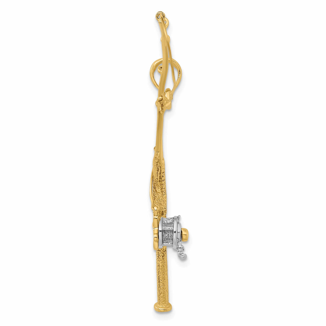 10K Yellow Gold Large 3-D Moveable Fishing Pole with Reel Pendant